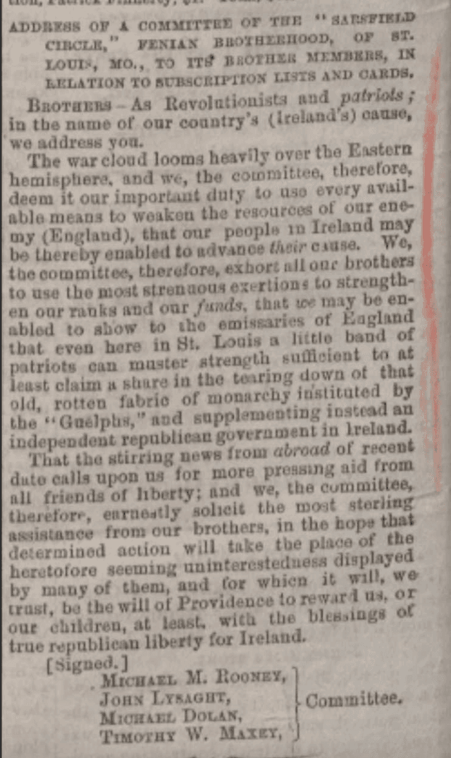 Letter from Sarsfield Circle of the Fenian Brotherhood of St. Louis